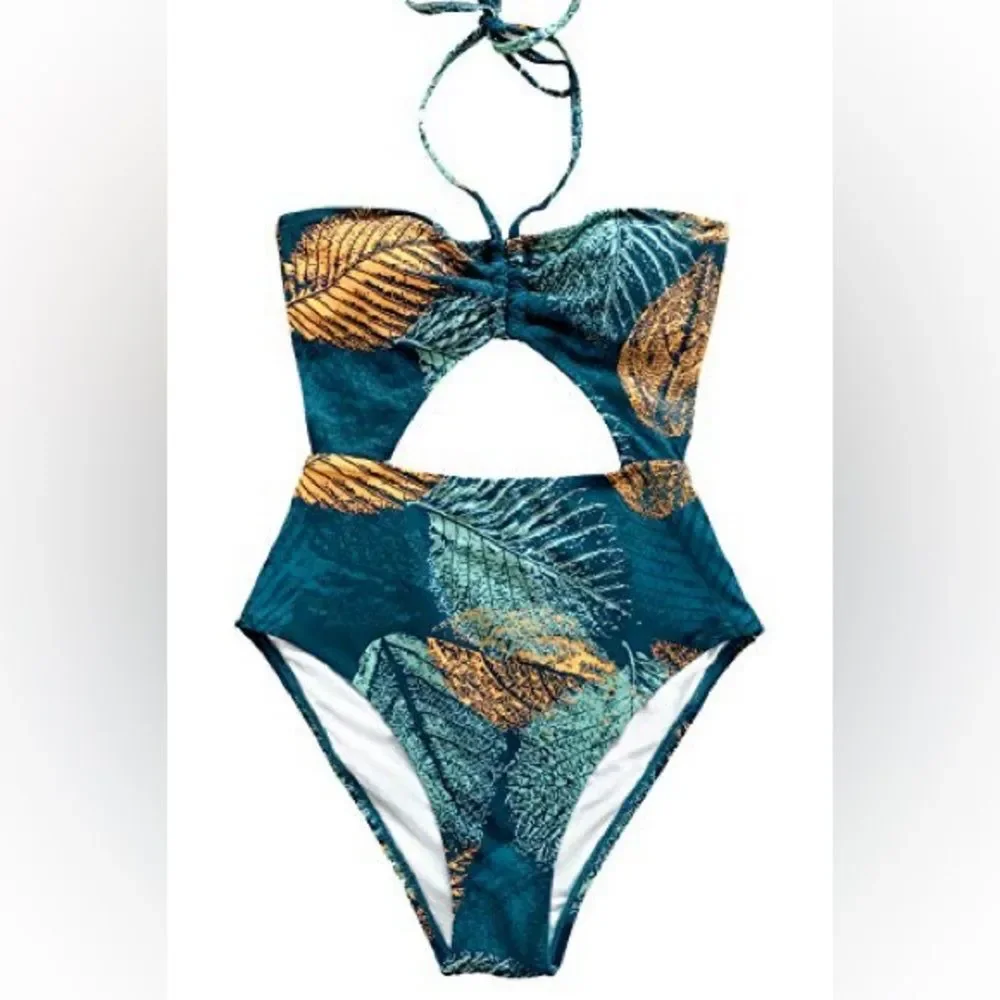 NWT Cupshe Green and Gold Leaf Print Center Cut Out Halter Neck Bikini Sz Medium